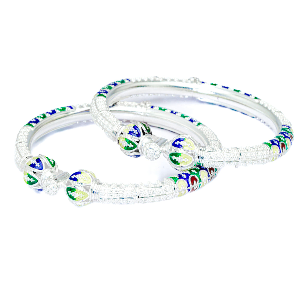 Lime Green Leaf Manipuri Bala Silver Mukh Bangle