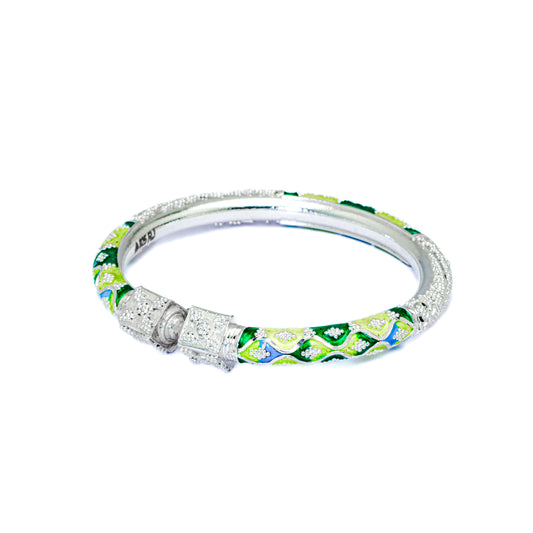 Lime Green Zigzag Manipuri Meenakari Bala Silver Bangle