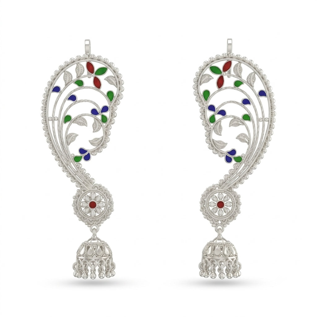 Floral Leaves Meenakari Kaan Jhumka Earrings