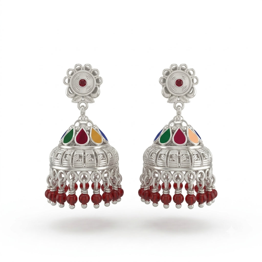 Meenakari Red Beaded Jhumka Earrings