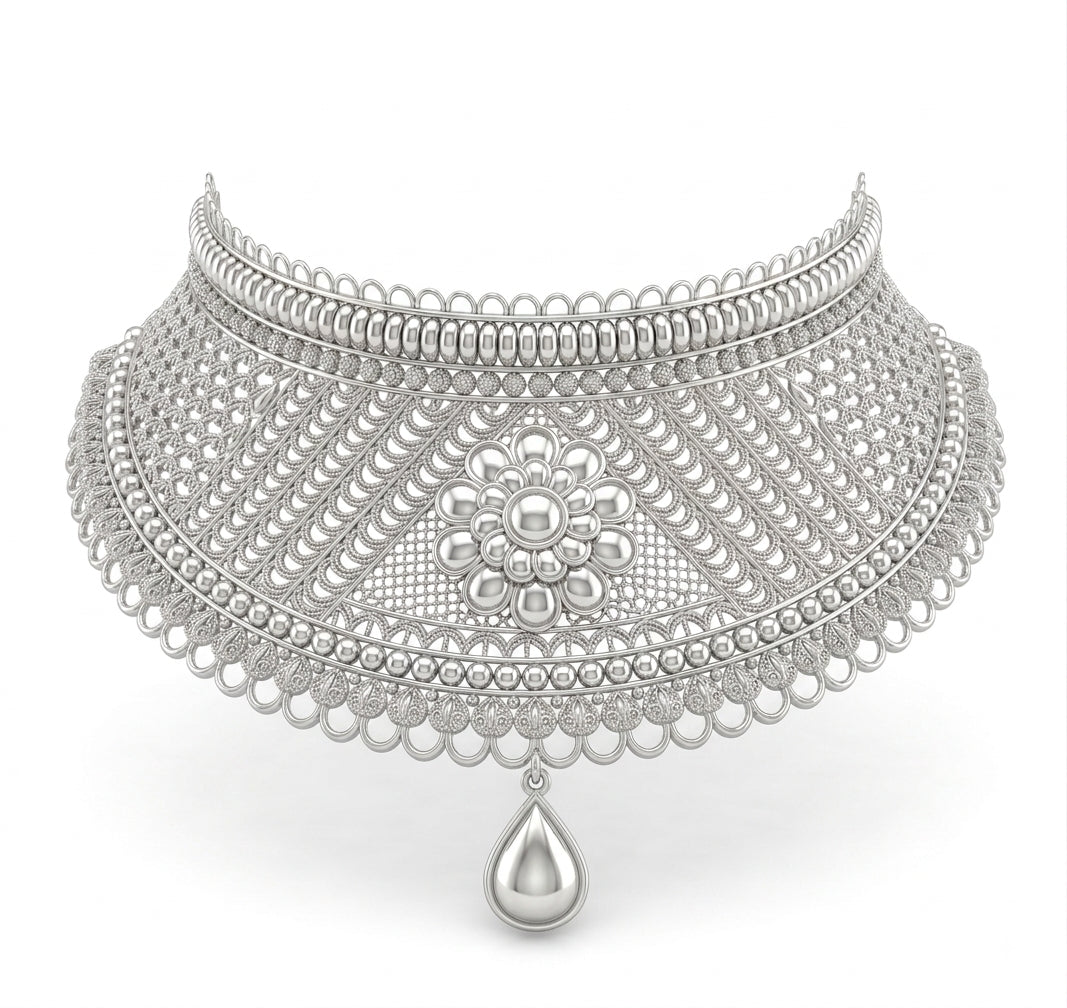 Floral Lattice Silver Sabeki Choker Necklace