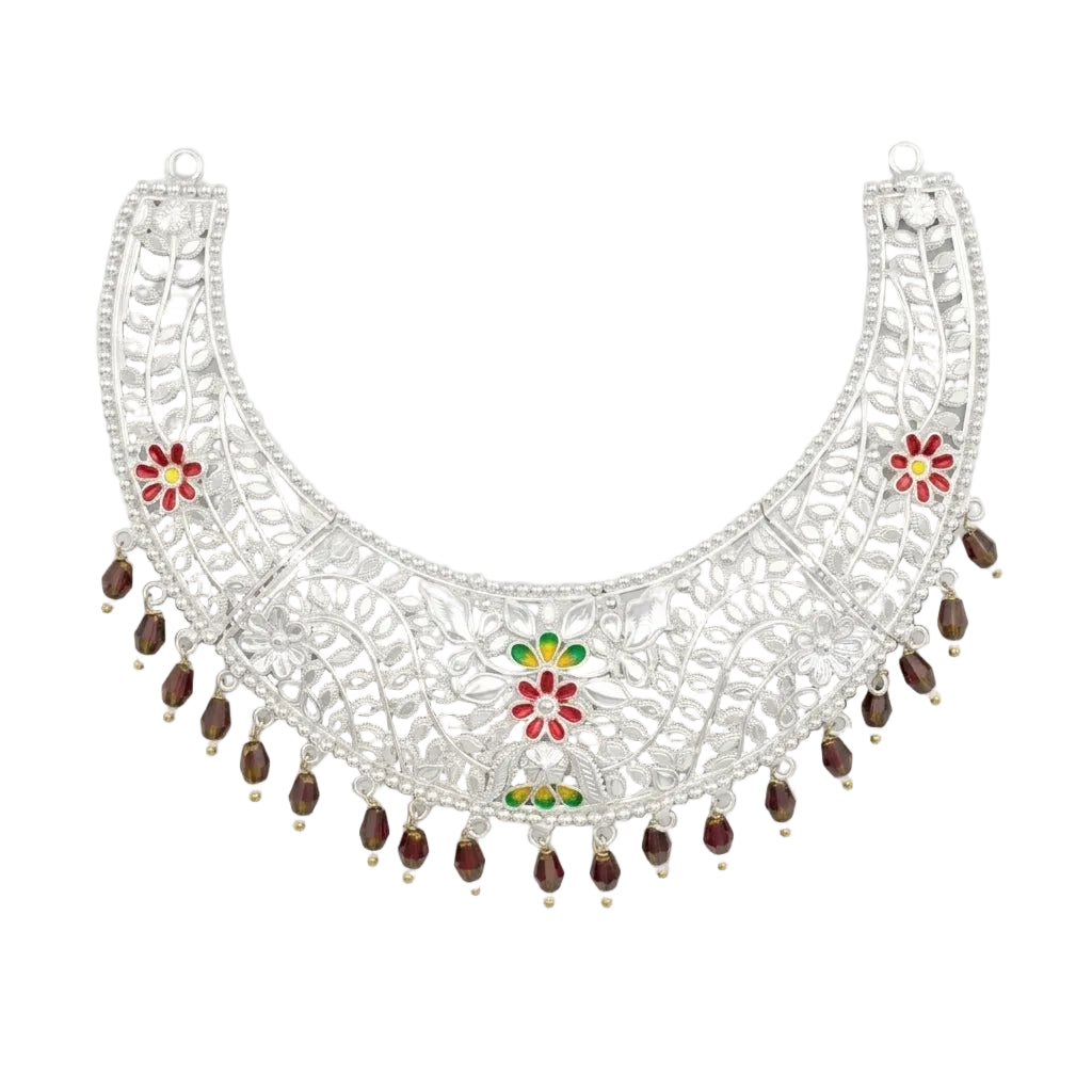 Red Flower Leaf Maroon Bead Sabeki Chatai Necklace