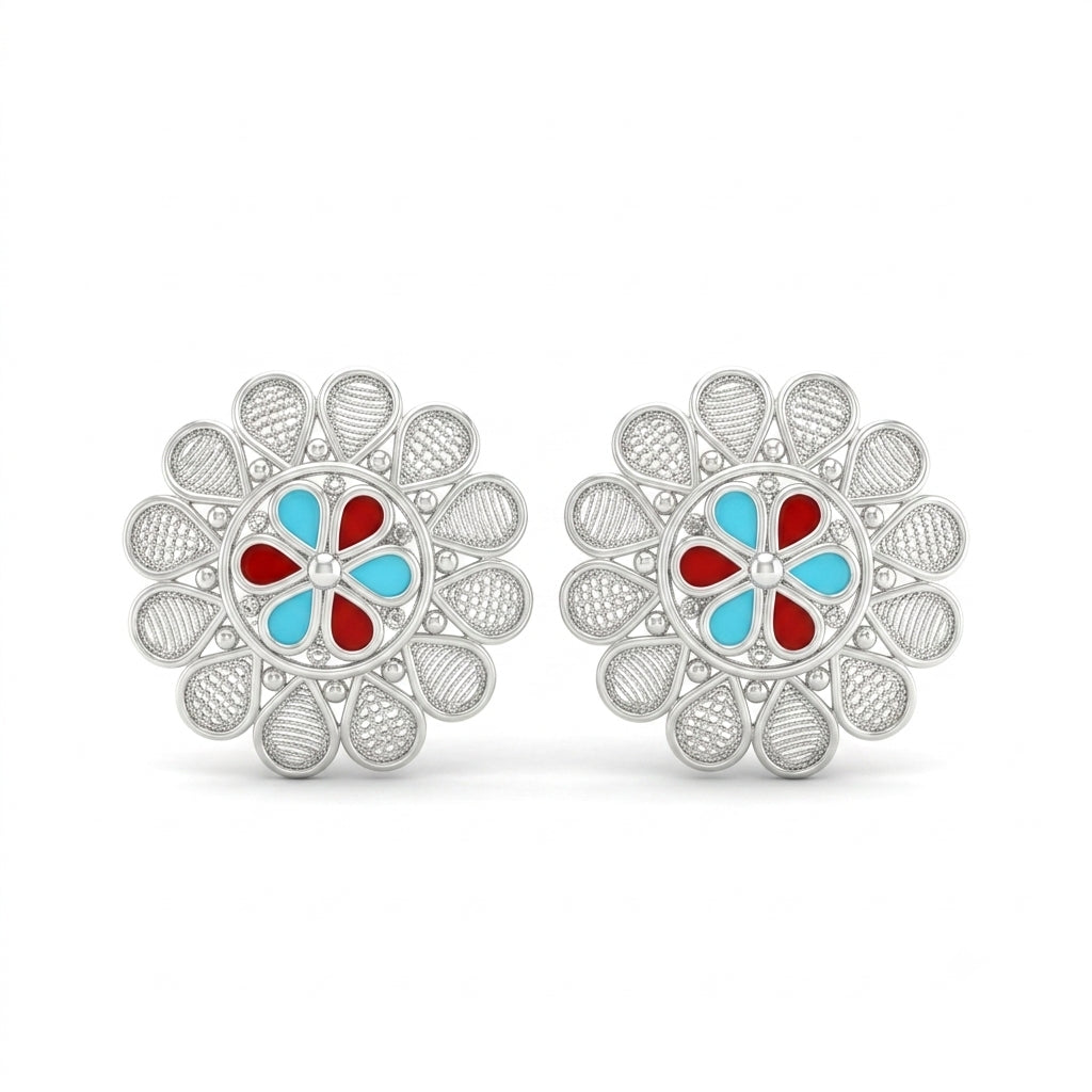 Aqua Red Floral Filigree Pasha Stud Earrings