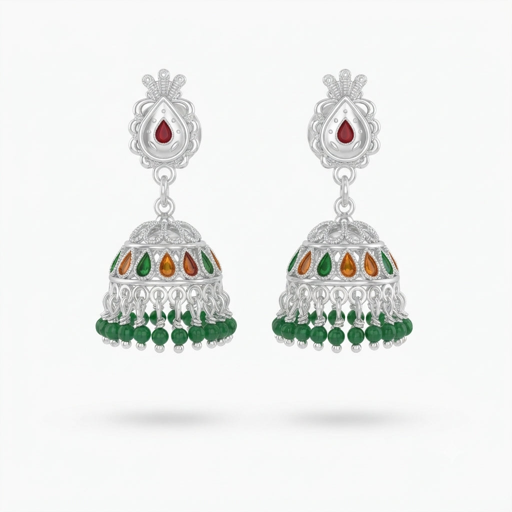Meenakari Green Beaded Jhumka Earrings