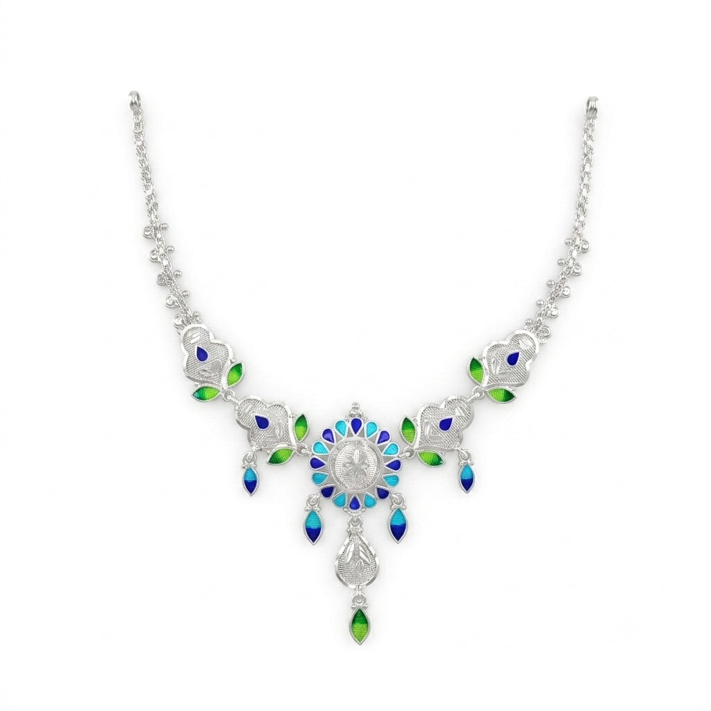 Blue Green Filigree Medallion Meenakari Necklace
