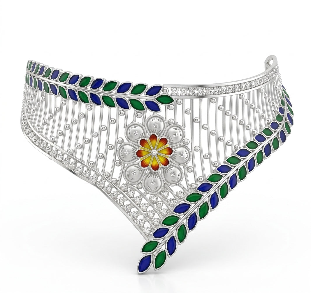 Floral Tetul Pata/Leaf Meenakari Crown Choker Necklace