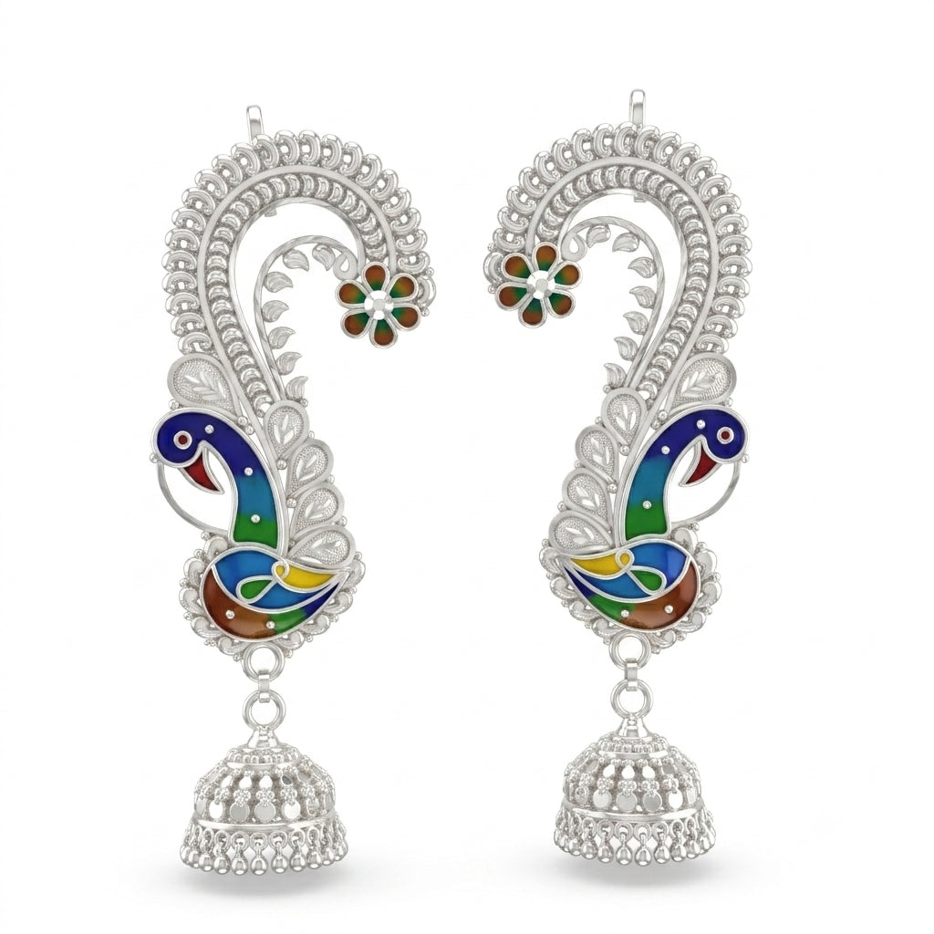 Peacock Floral Meenakari Kaan Jhumka Earrings