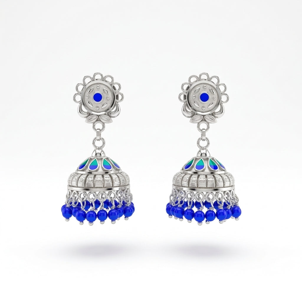 Blue Flower Top Meenakari Beaded Jhumka Earrings