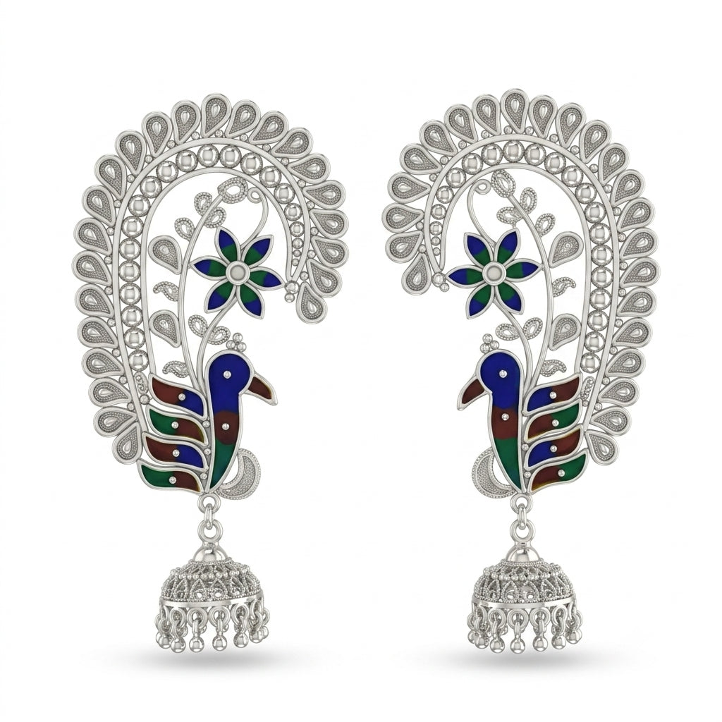 Peacock Floral Meenakari Compact Kaan Jhumka Earrings