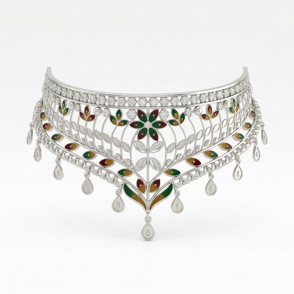 Floral Leaf Meenakari Crown Choker Necklace