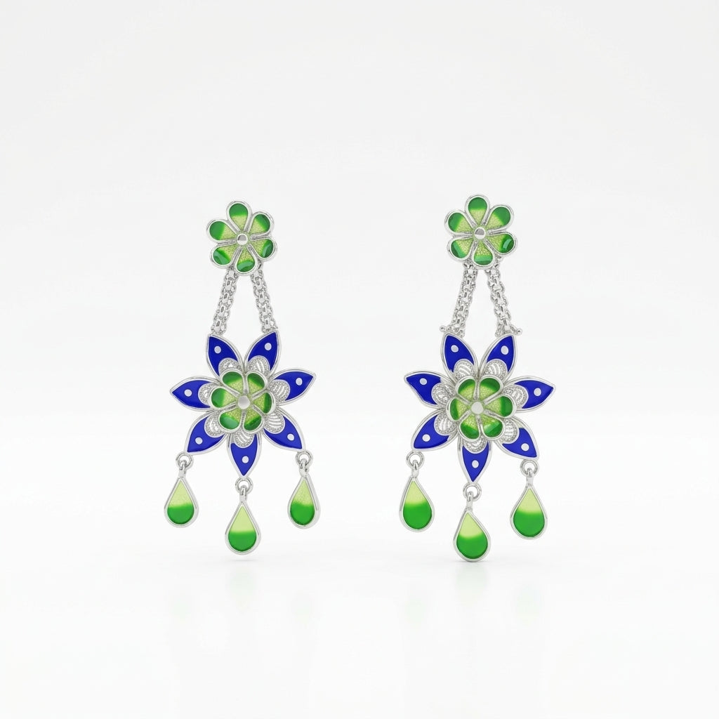 Blue Green Star Flower Meenakari Drop Earrings
