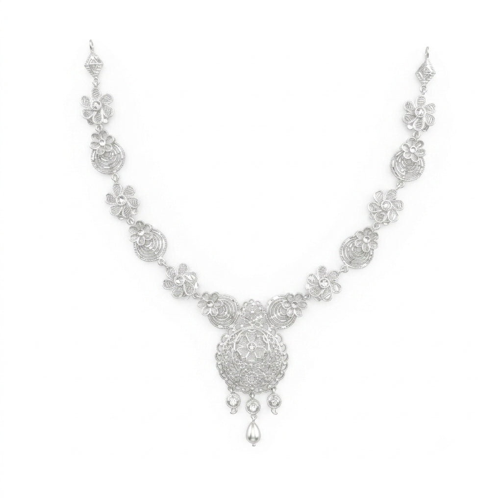 Floral Medallion Bead Drop Filigree Necklace