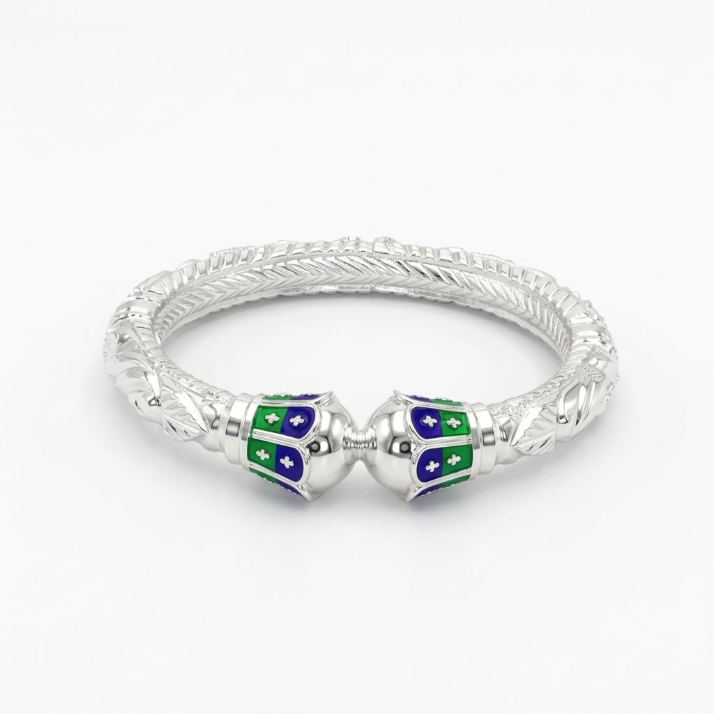 Green Blue Round Mukh Naksha Bala Silver Bangle