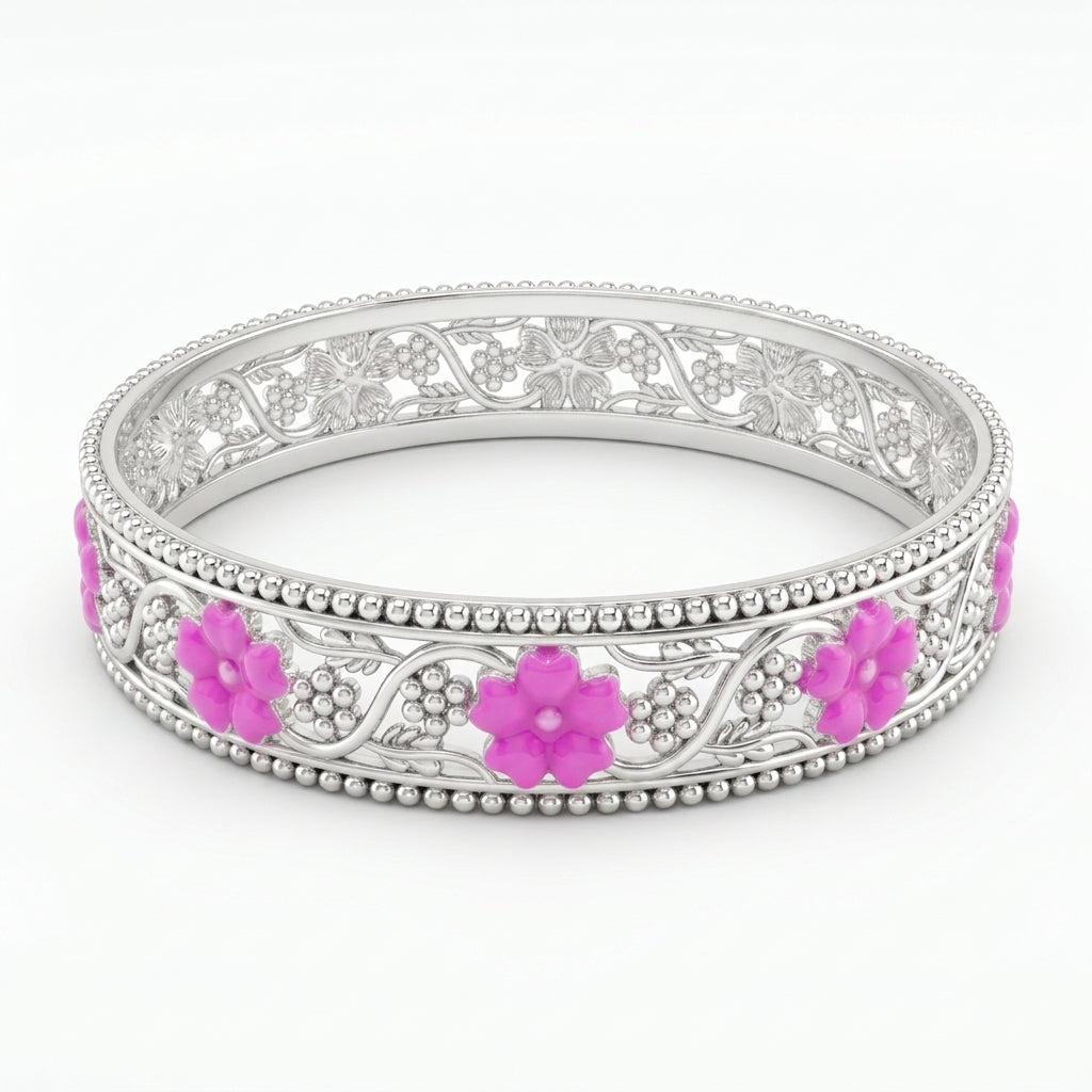 Pink Floral Vine Beaded Edge Meenakari Bangle