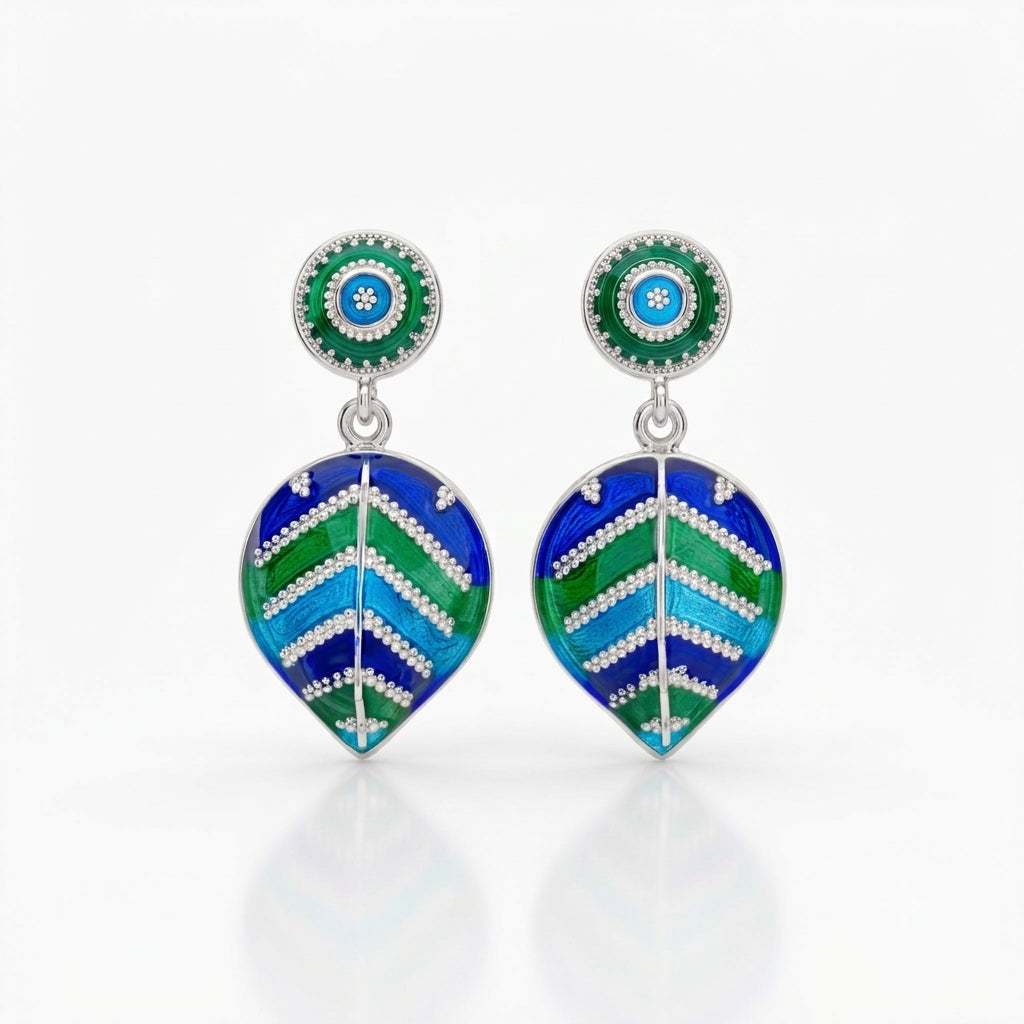 Green Blue Leaf Vein Meenakari Drop Earrings