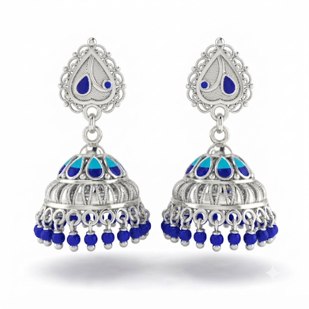 Blue Teardrop Top Filigree Beaded Jhumka Earrings