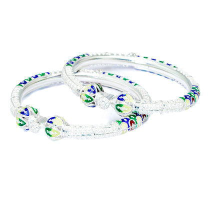 Lime Green Leaf Manipuri Bala Silver Mukh Bangle