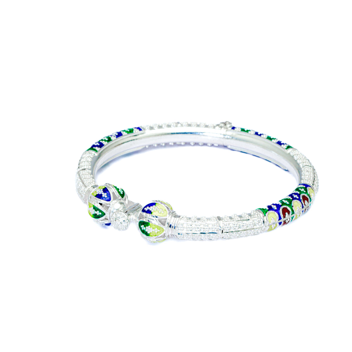Lime Green Leaf Manipuri Bala Silver Mukh Bangle