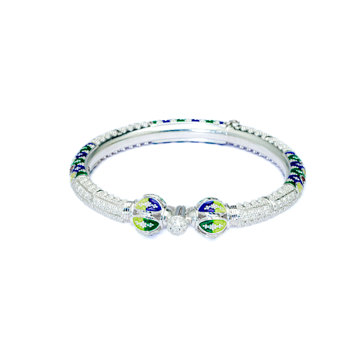Lime Green Leaf Manipuri Bala Silver Mukh Bangle