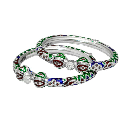 Green Maroon Manipuri Meenakari Bala Silver Mukh Bangle With Screw