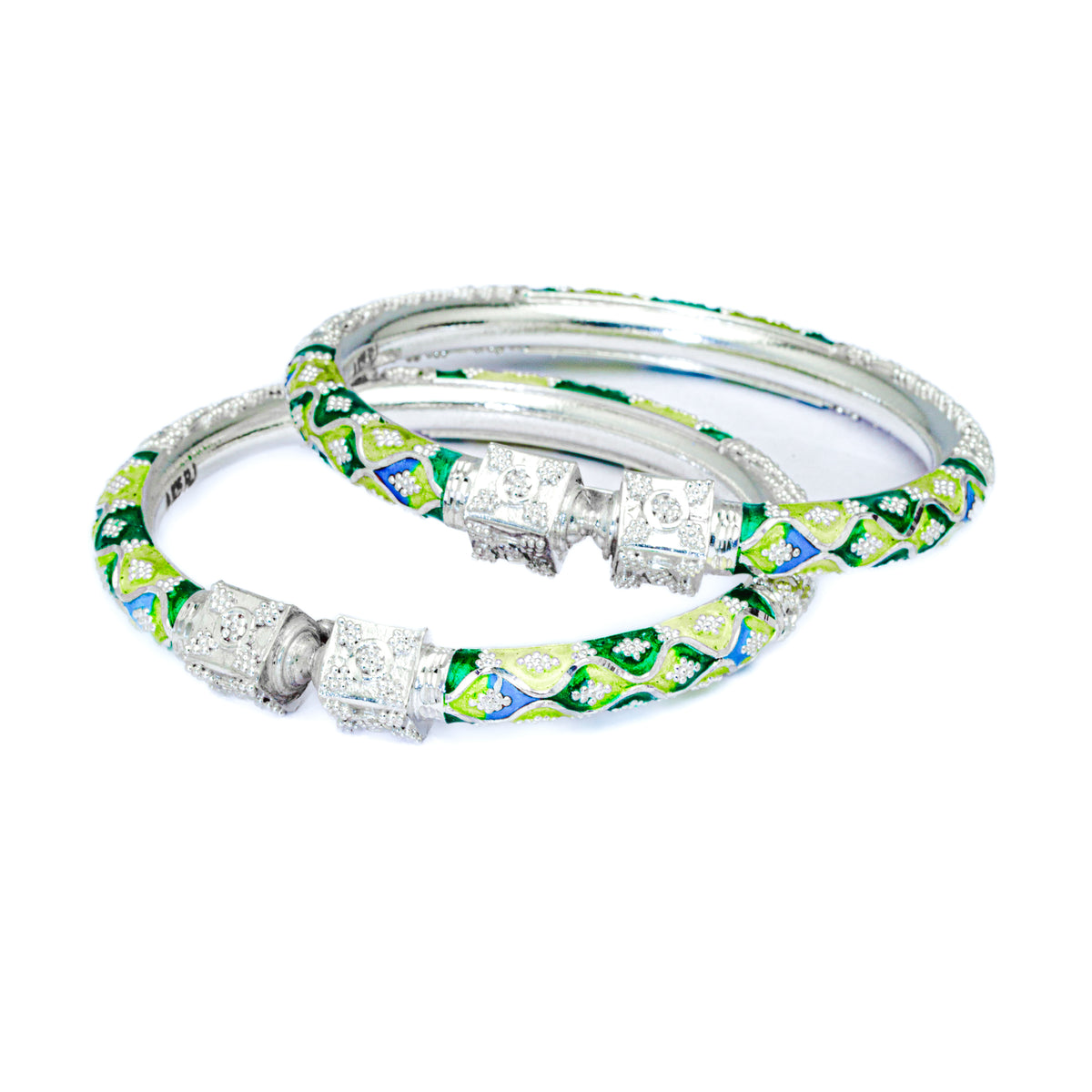 Lime Green Zigzag Manipuri Meenakari Bala Silver Bangle