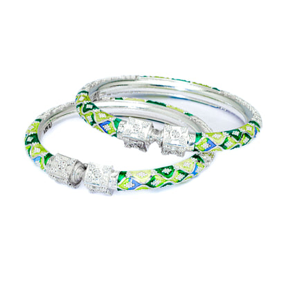 Lime Green Zigzag Manipuri Meenakari Bala Silver Bangle