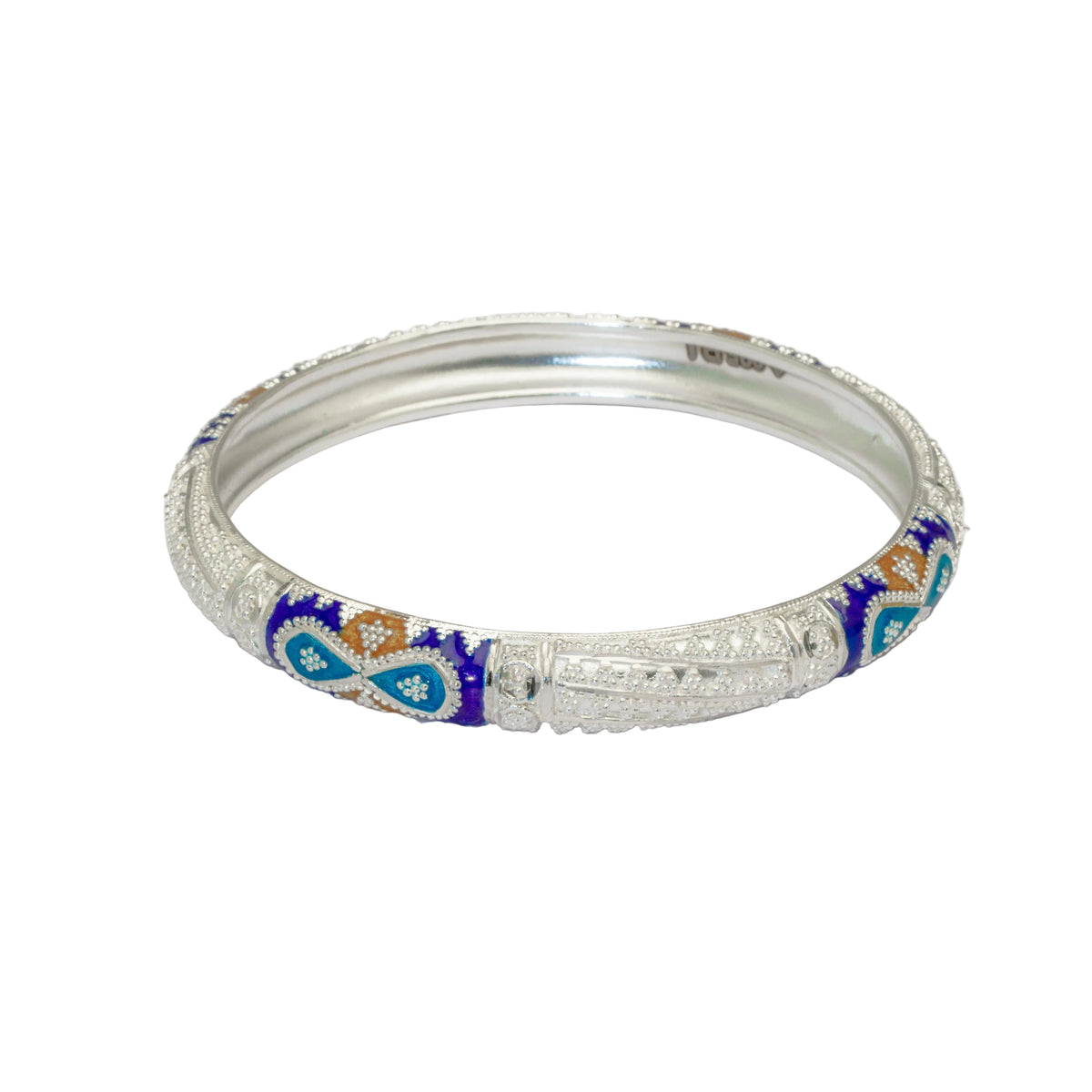 Blue Yellow Meenakari Bouti Bala Silver Bangle
