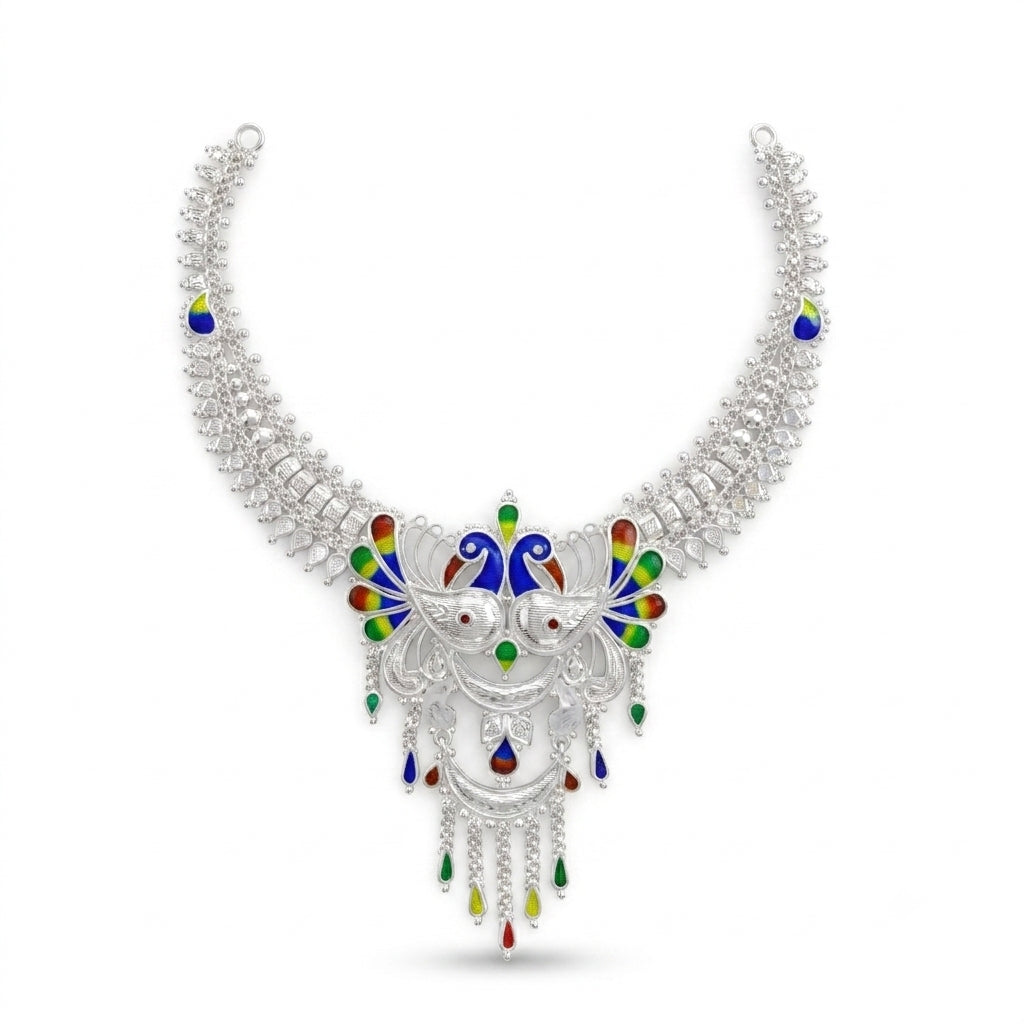 Twin Peacock Fringe Choker Meenakari Necklace