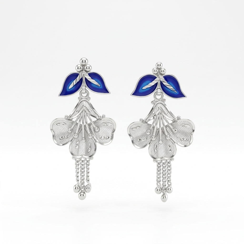 Blue Leaf Filigree Tassel Drop Earrings