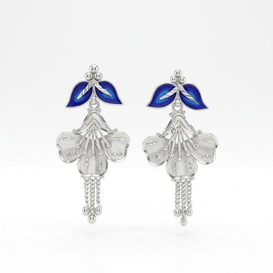 Blue Leaf Filigree Tassel Drop Earrings