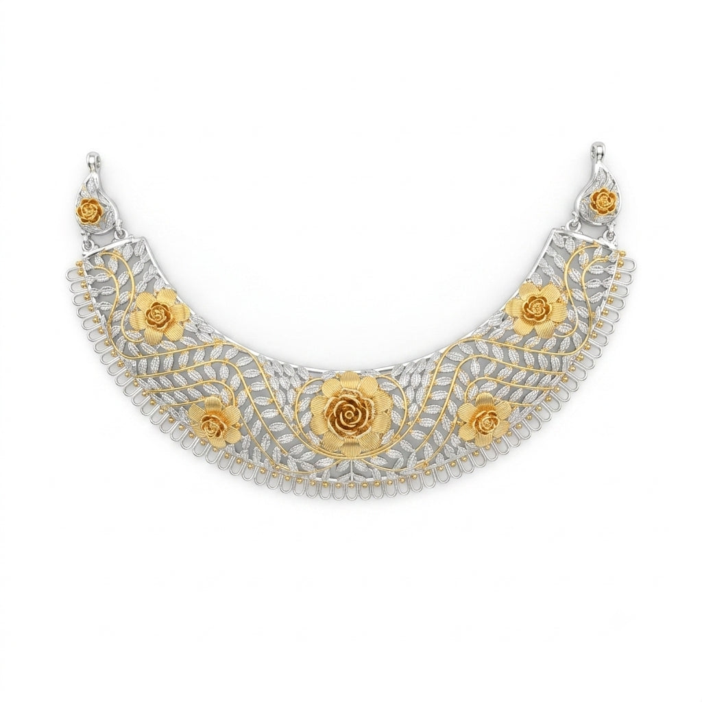 Dual Tone Rose Leaf Filigree Chatai Necklace