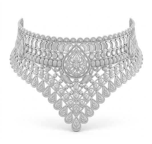Leaf Drop Crescent Silver Crown Choker Necklace