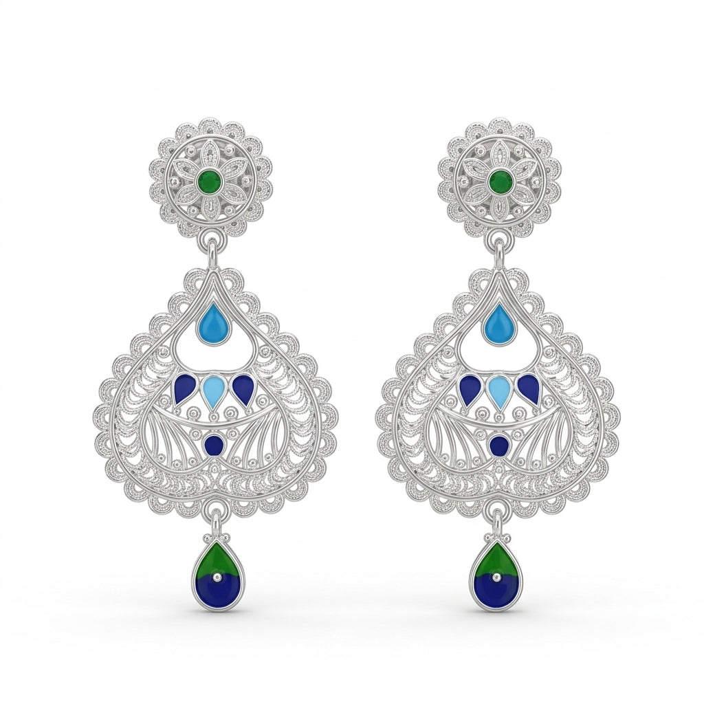 Blue Green Teardrop Filigree Kanbala Earrings