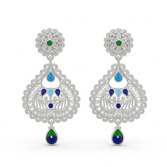 Blue Green Teardrop Filigree Kanbala Earrings