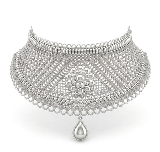 Floral Lattice Silver Sabeki Choker Necklace
