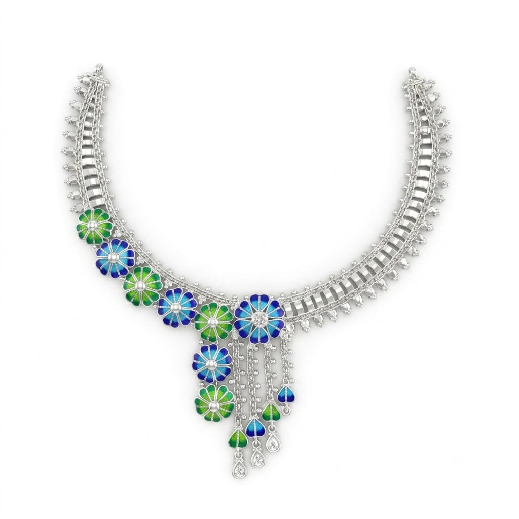 Blue Green Floral Meenakari Necklace