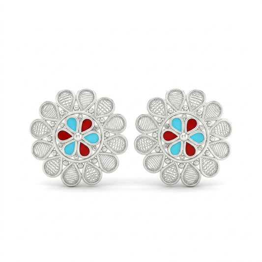 Aqua Red Floral Filigree Pasha Stud Earrings