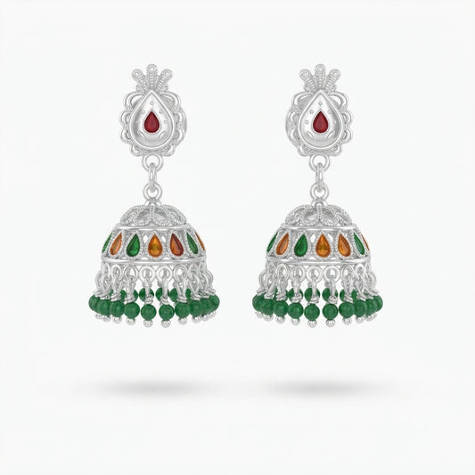 Meenakari Green Beaded Jhumka Earrings