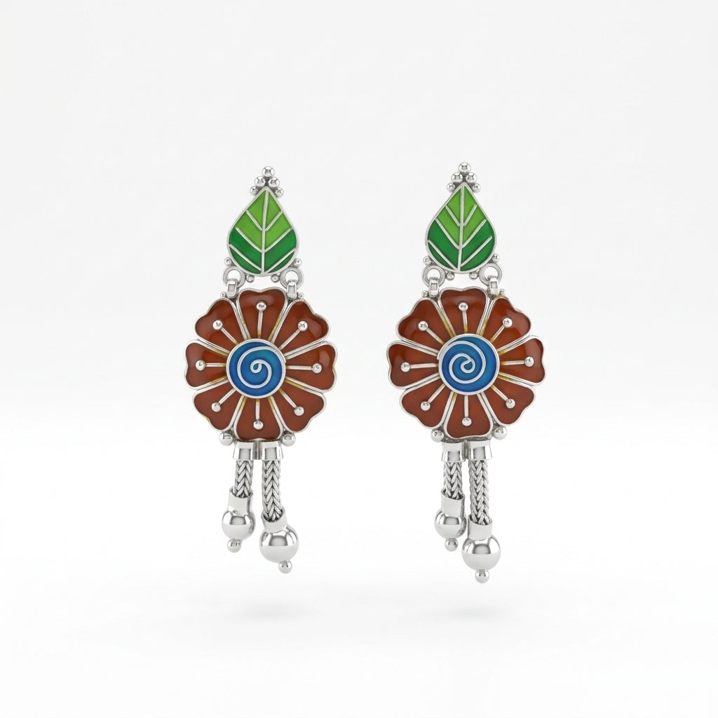 Red Brown Enamel Flower Green Leaf Drop Earrings