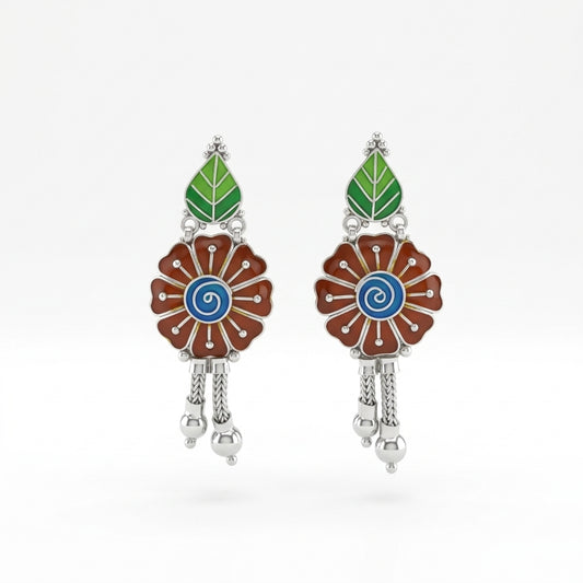 Red Brown Enamel Flower Green Leaf Drop Earrings
