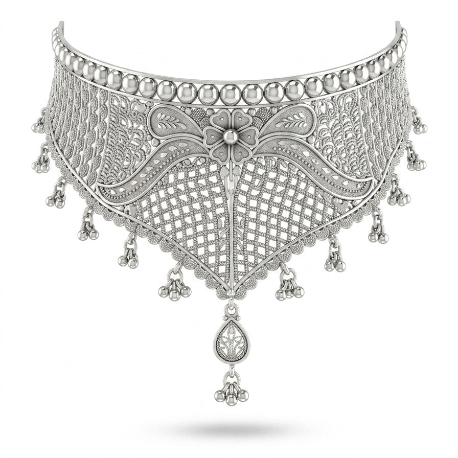 Floral Filigree Silver Crown Choker Necklace