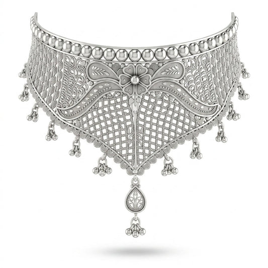Floral Filigree Silver Crown Choker Necklace