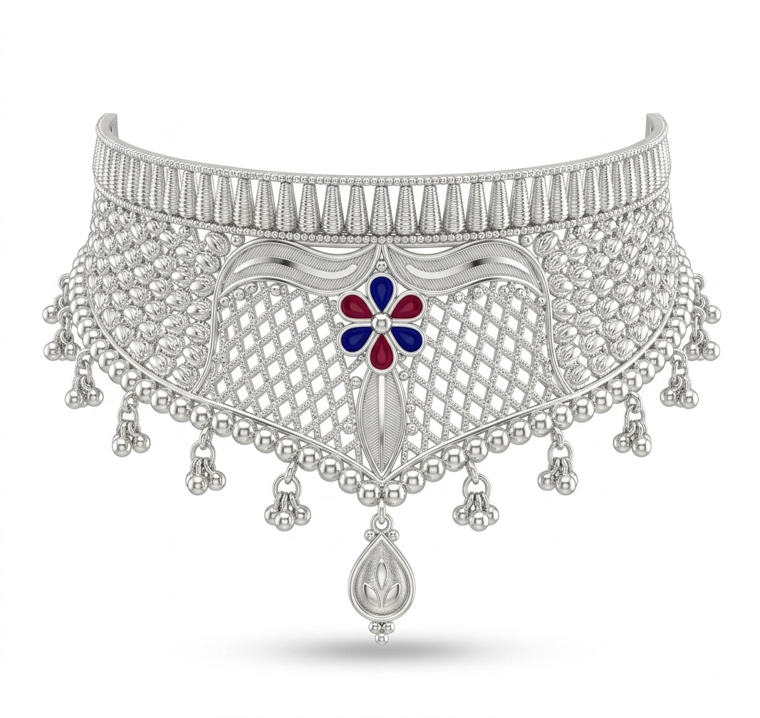 Meenakari Floral Filigree Silver Crown Choker Necklace