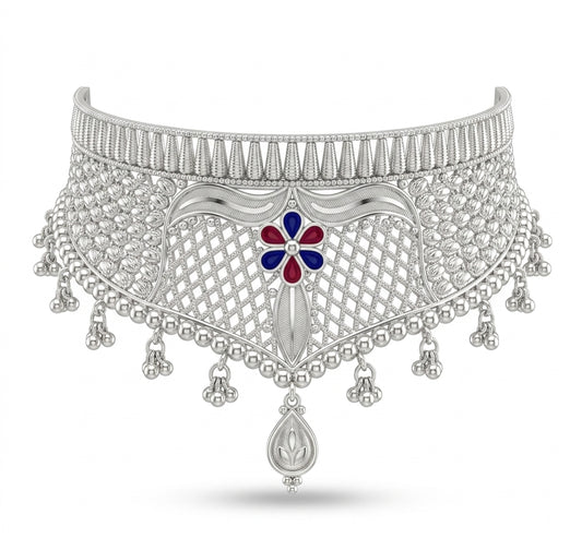 Meenakari Floral Filigree Silver Crown Choker Necklace