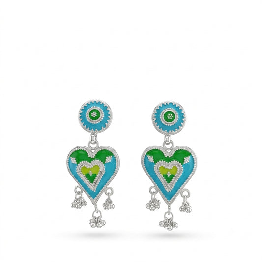 Turquoise Green Heart Ghungroo Meenakari Drop Earrings