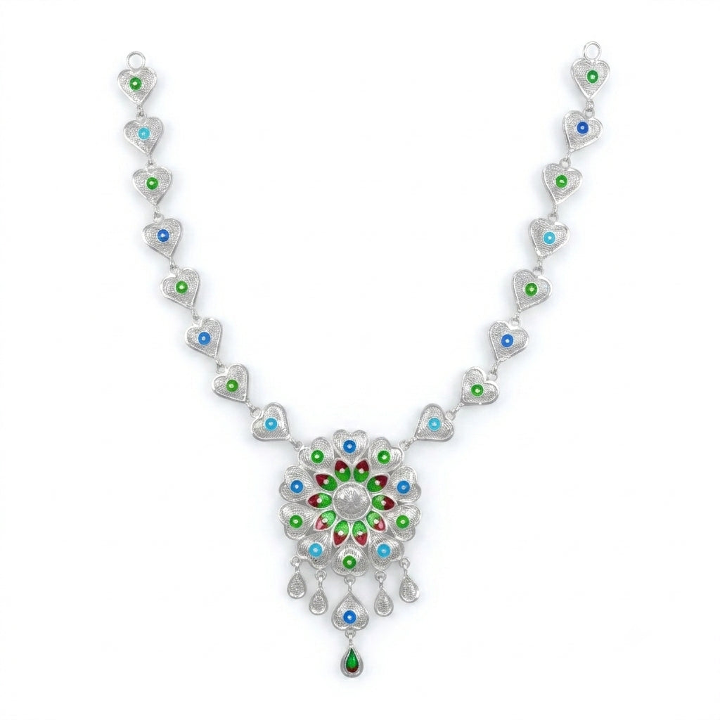 Heart Link Floral Pendant Meenakari Necklace