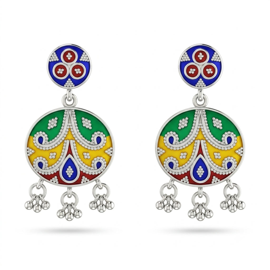 Green Yellow Round Ghungroo Meenakari Drop Earrings
