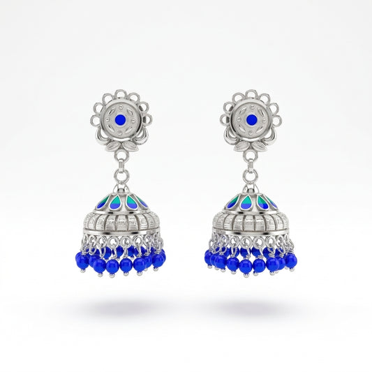 Blue Flower Top Meenakari Beaded Jhumka Earrings
