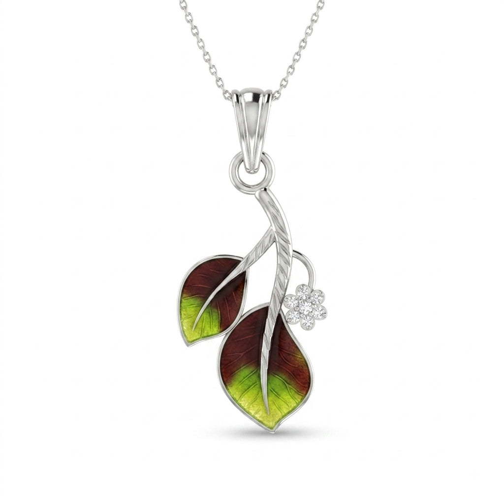 Green Brown Enamel Leaf Pendant