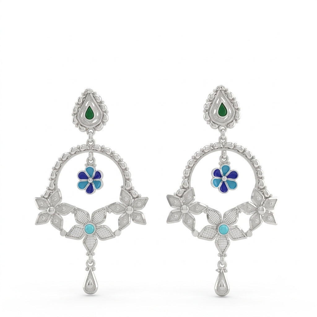 Blue Teal Floral Stone Kanbala Earrings